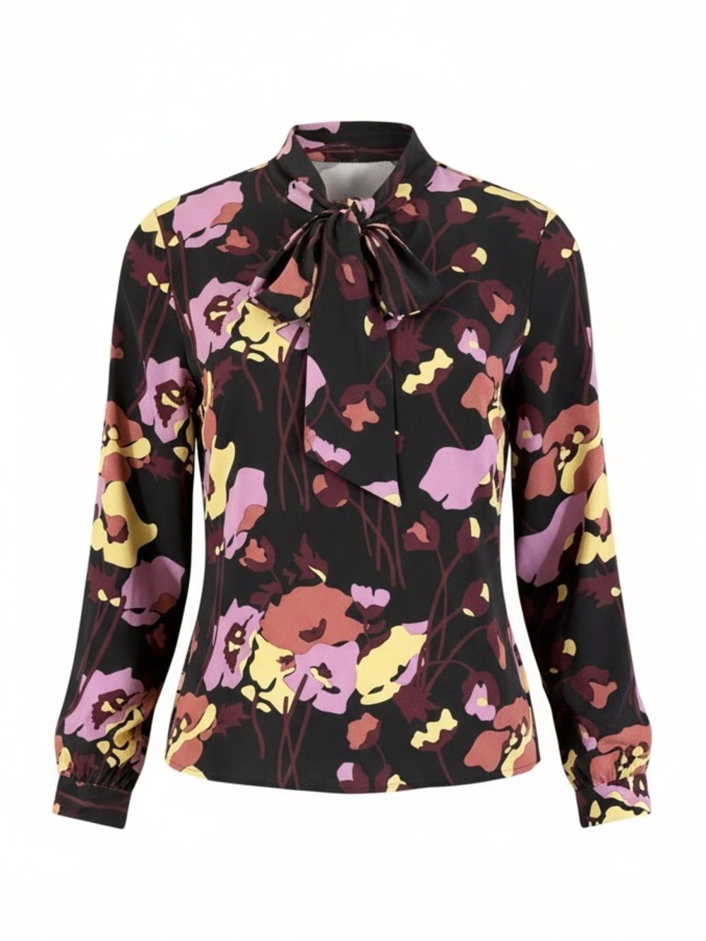 Tucker Silk Tie Neck Blouse Size P (XS) Black Purple Floral Long Sleeve Flowy